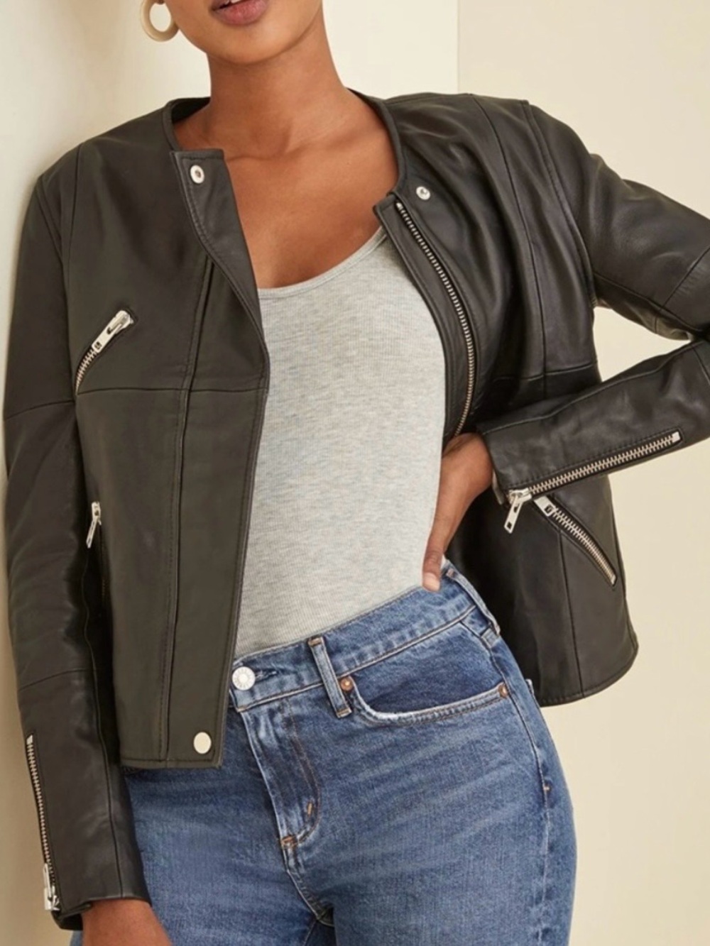 Deadwood Women's “Wren” Black Leather Zip-Detail Jacket - Size EU 42